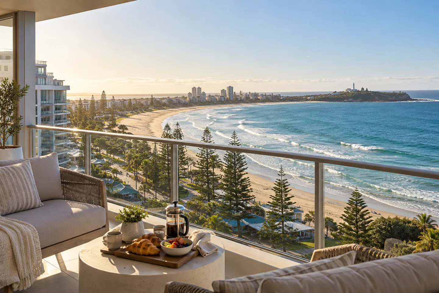 Holiday apartment balcony overlooking Mooloolaba Beach and Point Cartwright