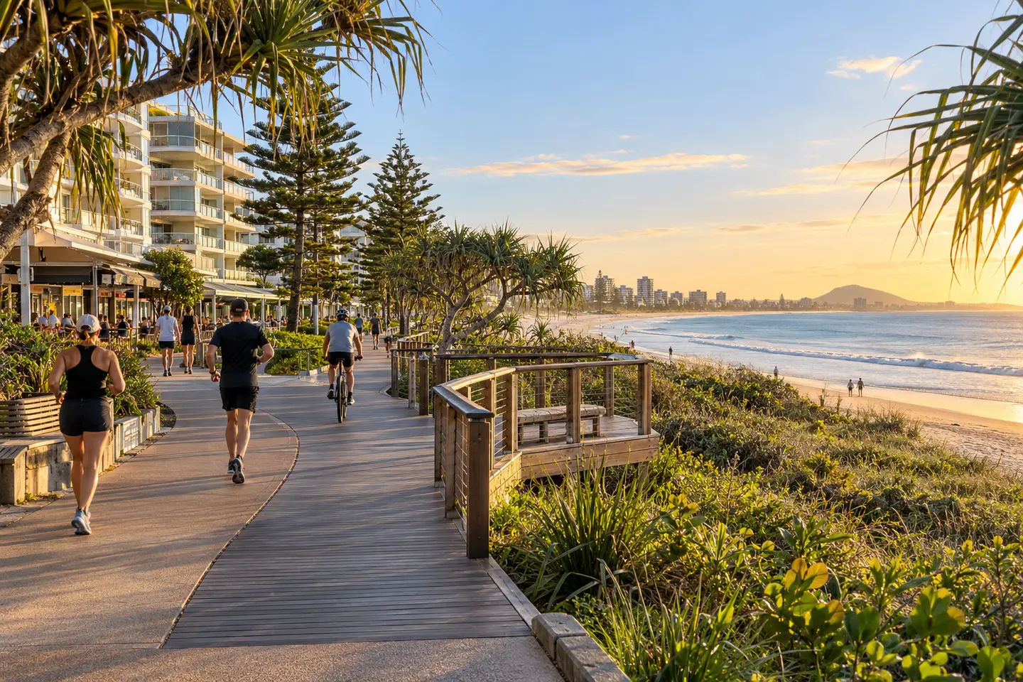 Walkers, runners and cyclists on the Mooloolaba foreshore pathway