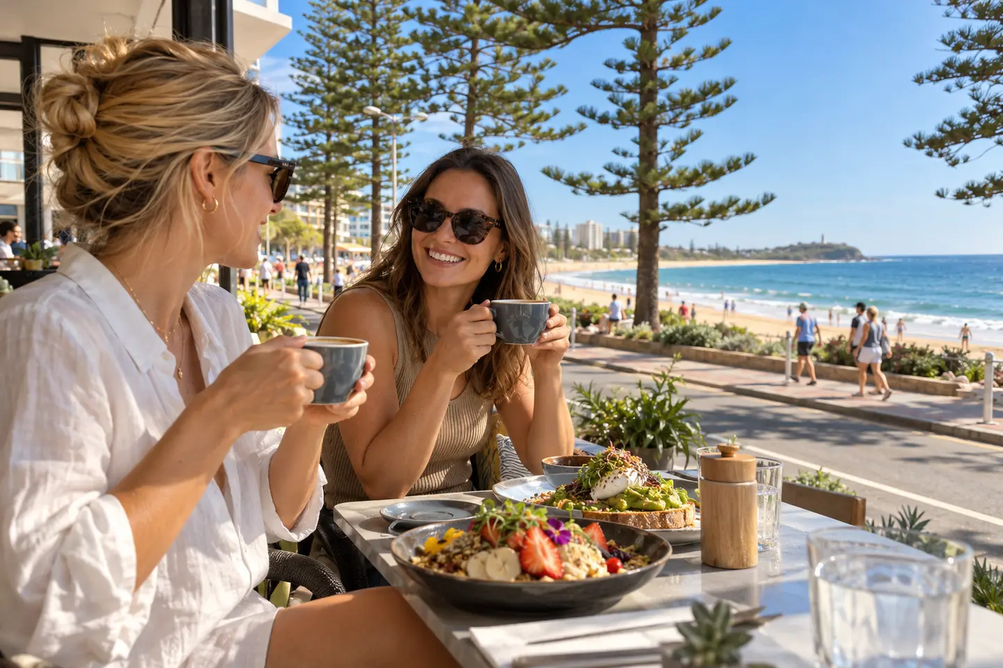 Relaxed café dining overlooking Mooloolaba Beach from the Esplanade