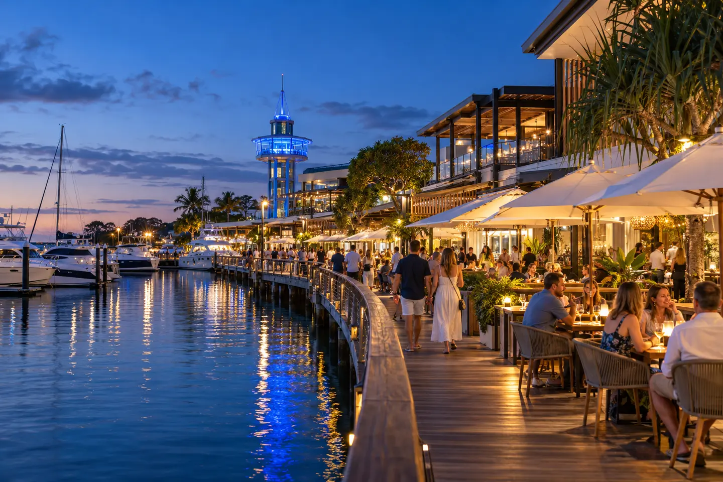 Evening dining beside the marina at The Wharf Mooloolaba